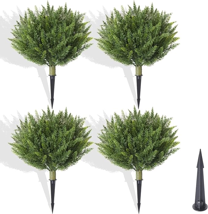 15.7" Christmas Fake Shrubs, Artificial Cedar Ball Tree Plant, 4 Packs of Fake Cedar Outdoor shrubs with Ground Spike, UV Resistant Fake shrubs, Used for Indoor and Outdoor Front Porch Gardens