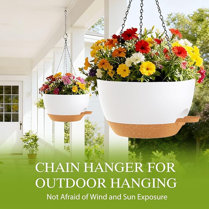 SQKH 12 Inch Hanging Baskets 2 PC with Chains, Self-Watering Hanging Planters for Indoor Outdoor Plants, Plastic Hanging Flower Pots,White Brown