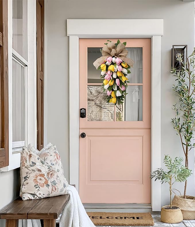26" Artificial Tulips Teardrop Swag with Burlap Bow, Handmade Spring Easter Teardrop Wreath for Front Door & Porch Wall, Spring Easter Decor Decorative Swag