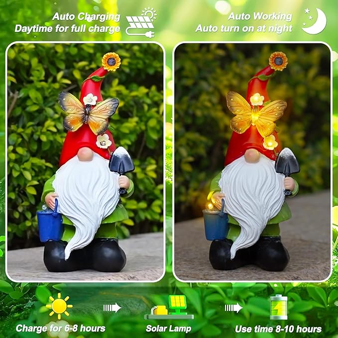 Spring Gnomes Garden Statues Decor, Solar Waterproof Large Gnome with LED Lights Funny Garden Sculptures Outdoor Patio Yard Decorations Lawn Ornaments Gifts for Women Mom