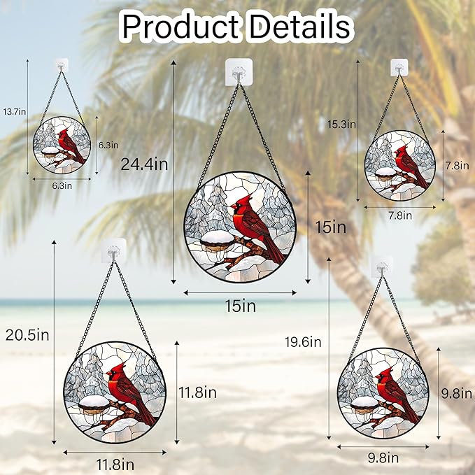 Stained Glass Window Hanging Cardinal Bird Winter Snow Scene 6.3" - Suncatcher Door Garden Sunroom Sun Catcher Home Decor Birthday Christmas for Mom Men Woman Nana