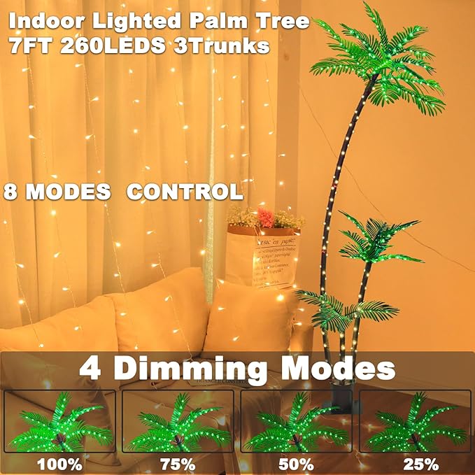 SOSHOT 7FT Lighted Artificial Palm Tree with Three Trunks and Upgraded 260 LED Lights - Outdoor/Indoor Use, Perfect for Tiki Bars, Patios, Homes, Offices, Beaches, Yards Pool and Cruise Party
