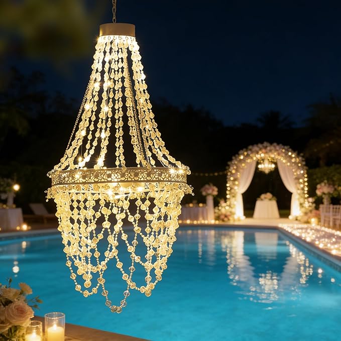 Solar Hanging Acrylic Crystal Chandelier Outdoor Garden Decorative Lights Powerful Lithium Battery 54 Warm LEDs Easy Hanging Waterproof Outdoor Lantern for Valentine Garden Gazebo, Party, Wedding,Tree