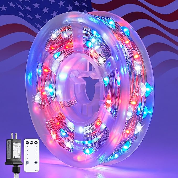 JMEXSUSS 200 LED 4th of July Fairy Lights, Red White and Blue Lights Indoor with Wheel, 8 Modes Remote Control Twinkle Patriotic Lights in for Independence Day American Flag Holiday