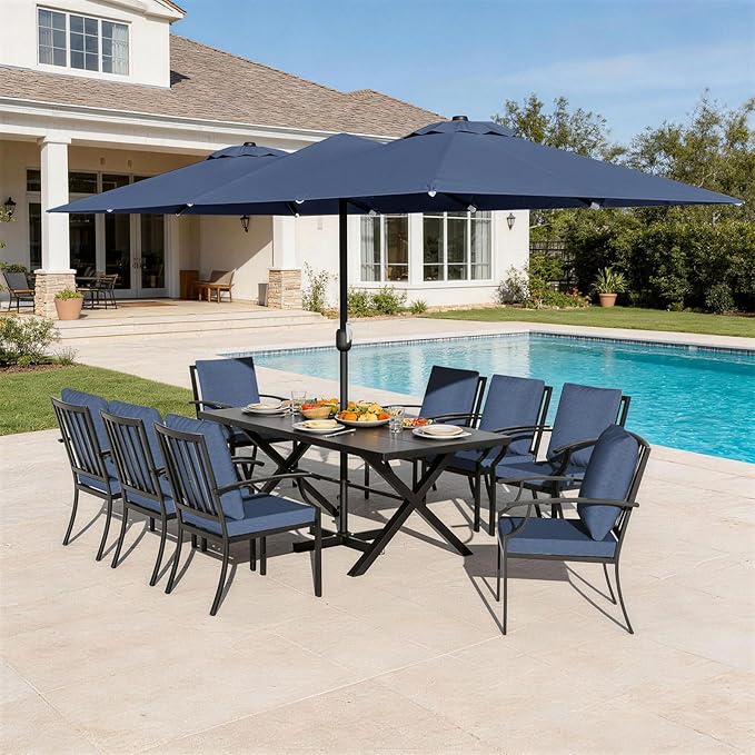 10-Pieces Patio Conversation Set,Metal Outdoor Furniture Set Includes 13.6FT Navy Umbrella,Hole Cut-Out 78.7" x 35.4" Table and 8 Metal Backrest Chairs for Backyard,Garden,Navy
