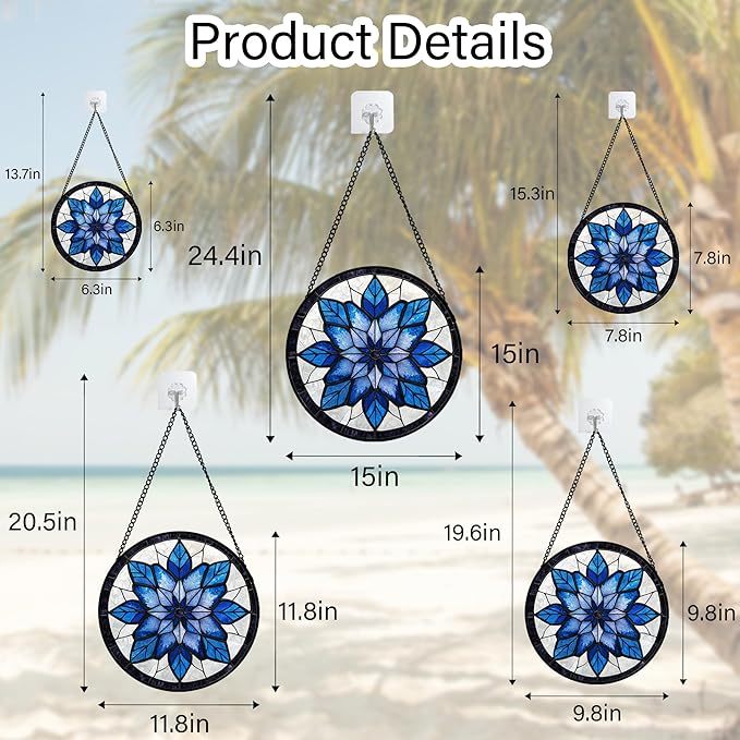 Stained Glass Window Hanging - Blue Snowflake Flowers Suncatcher for Doors Garden Patio Boho Sun Catchers Decor Christmas Mother's Day Birthday Gifts for Women Men Mom Nana Friend 9.8 in