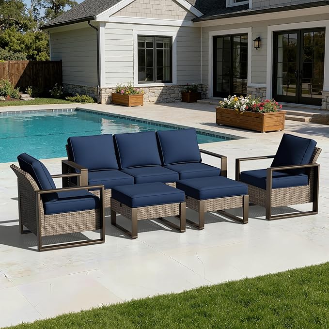 Joyside Outdoor Patio Chairs, 5 Pieces Wicker Rattan Furniture Set, 2 Patio Chairs, 1 Sofa and 2 Ottoman, Metal Wide Armrest, Thick Cushions and Deep Seating for Garden, Backyard, Porch, Deck