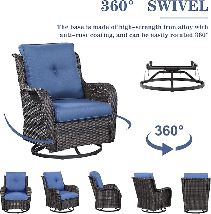 Belord Wicker Patio Furniture Sets - 8 Piece Rattan Outdoor Furniture Conversation Sets with 4 Swivel Rocker Chairs, Rattan Sofa, Wicker Ottomans and Coffee Table, Brown/Blue