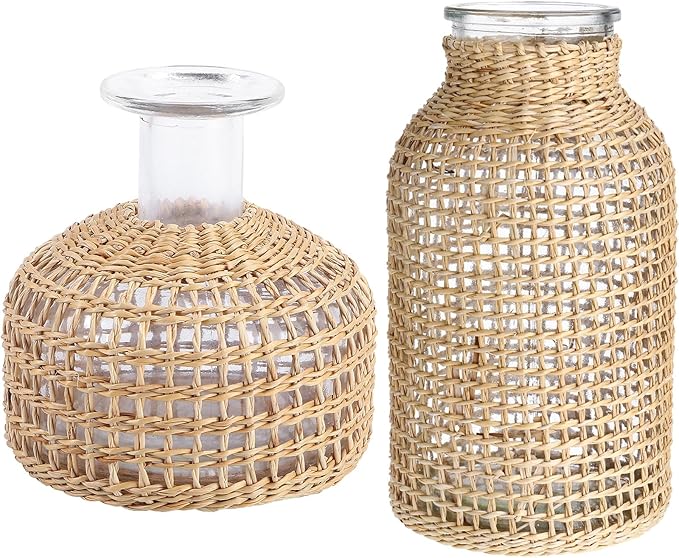 DOITOOL Glass Vase with Rattan Cover, Farmhouse Rattan Vase, Wicker Vase Flower Bud Vase, Decorative Flower Vase Floral Container for Floral Arrangements Housewarming Party Home Decor (L+XS)