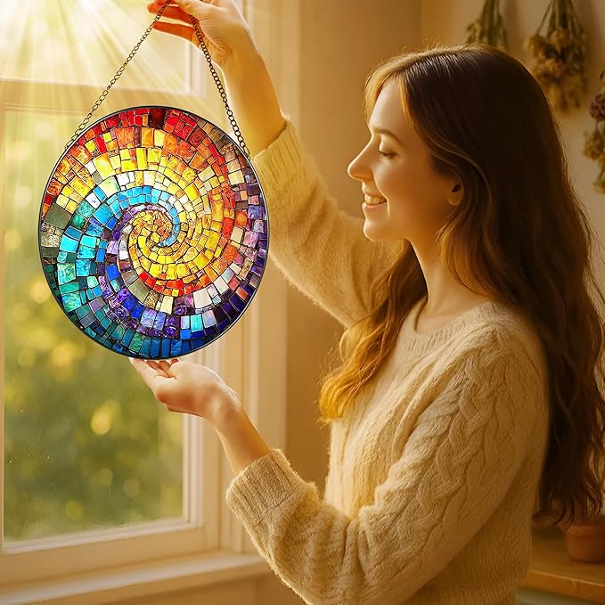 LAOWEIKI 8'' Rainbow Spiral Suncatcher Ornament, Stained Glass Window Hanging, Sun Catchers for Windows Hanging Ornaments, Window Decor, Ideal Gift | Gifts for Art Lovers, Friends, Family