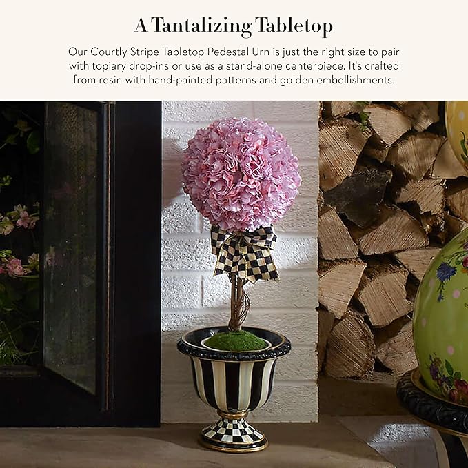 MACKENZIE-CHILDS Pedestal Tabletop Urn, Decorative Centerpiece for Table, Mantel, or Shelf, Small, Black-and-White Courtly Stripe