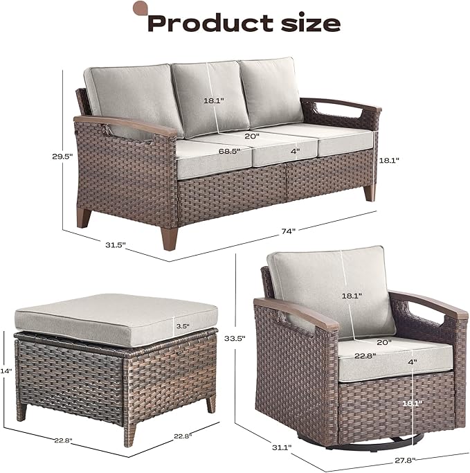 Rilyson Wicker Outdoor Patio Furniture Set - 5 Piece Patio Conversation Sets with Swivel Rocker Chairs, Ottomans and Sofa, Thick Cushions, Waterproof Wicker, for Porch Deck Brown/Beige