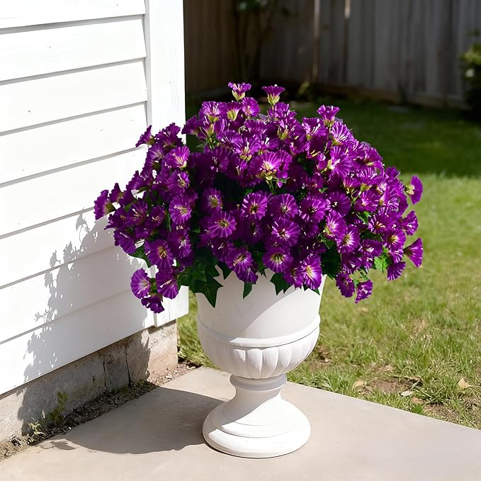 Artificial Morning Glory Flowers Plants for Outdoor 8 Pcs Faux Silk Petunias Flower Realistic Faux Flowers Plants for Outside Planter Porch Yard Patio Balcony Home Indoor Decor (8 Pcs Purple)