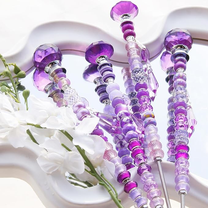 121 Pcs DIY Fairy Wand Beaded Garden Stakes Kit, Fairy Wands Garden Kit Purple Large Hole Bead with Pendants Crystal Stopper Top Threaded Rod Beaded Garden Stakes Supplies for Outdoor Decorative