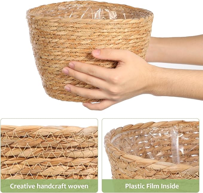 Woven Straw Flower Basket, Seagrass Planters Pot, Garden Plant Pot Containers Wicker Rattan Vase Sundries Organizer Storage Bins for Indoor Outdoor Plants