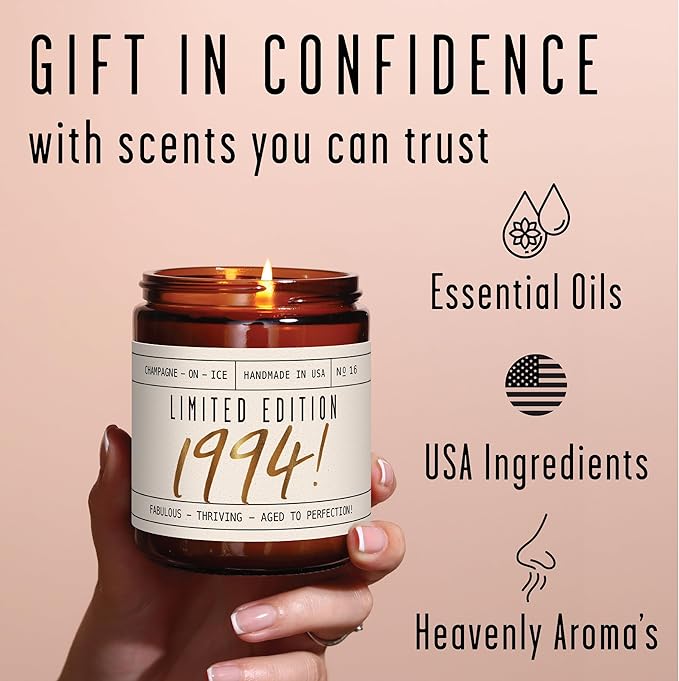 32nd Birthday Gifts for Women - 'Limited Edition 1994' Soy Candle, w/Champagne on Ice I 32 Birthday Gift for Her Ideas I 9oz Reusable Jar, 50Hr Burn, Made in USA