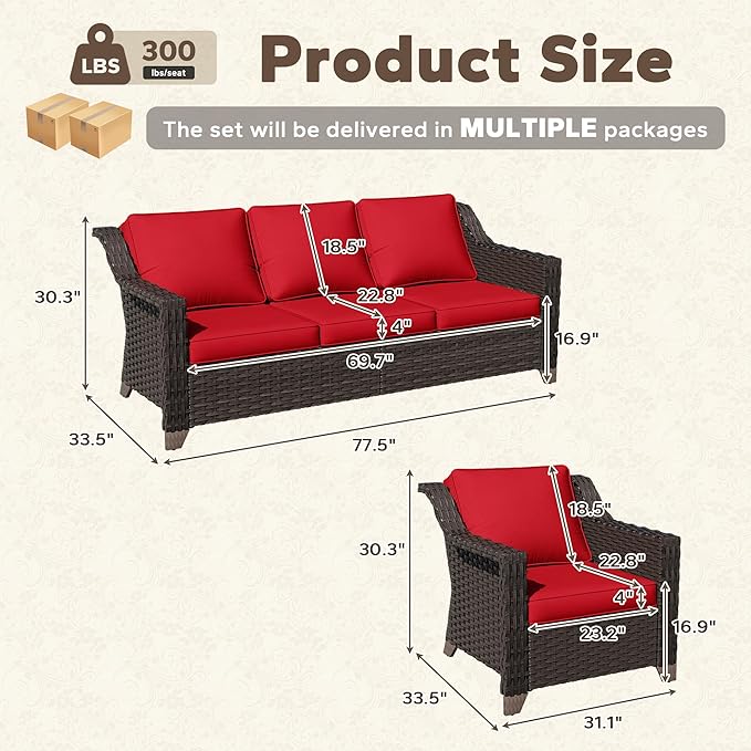 3 Pieces Patio Conversation Furniture Set - 1 Sofa, 2 Armchairs, Outdoor Wicker Furniture with Removable Cushions for Porch, Balcony, Sunroom (Red)