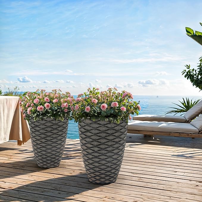Ultym 19" H Coastal Planter for Indoor/Outdoor Plants, Set of 2 Large Flower Pot with Drainage Hole, Weather/UV Resistant Resin Planters for Garden Patio Porch Home Office Decor, Rustic Black Wavy