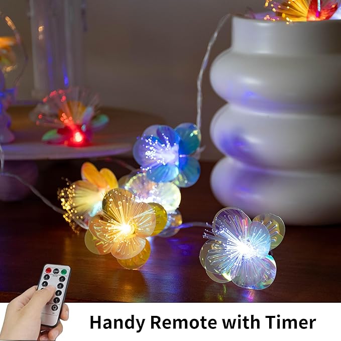 YOLIGHT Fiber Optic Flower String Lights Battery Operated with Timer, 13ft 20 LED Colorful Flower Garland Lights Fairy Lights for Room Table Wedding Christmas Easter Décor (Multi-Color)