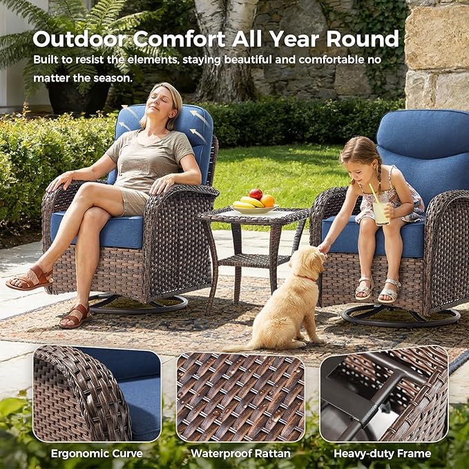 Luxury Patio Furniture Set with 6-inch Thick Cushions, Outdoor Furniture Set with High Back Swivel Chairs, 7 PCS Wicker Outdoor Conversation Set for Porch, Patio, Yard, Deck, Poolside, Brown/Blue