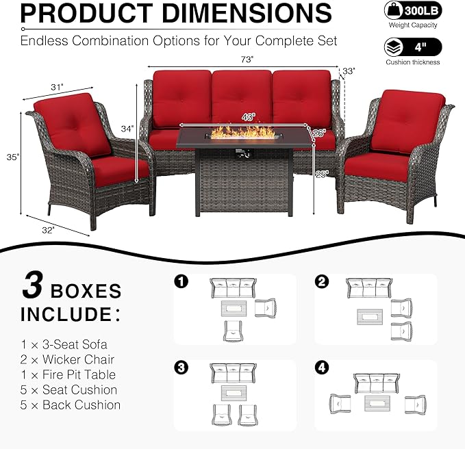 Joyside 4 Piece Wicker Patio Furniture Set with Fire Pit Table, Rattan Patio Chairs with High Back, Deep Seating, Wide Armrest, Thickened Cushions, Outdoor Furniture for Deck, Porch Use