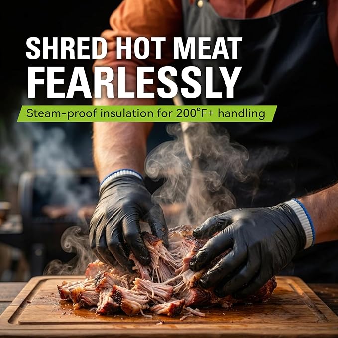BBQ Gloves Heat Resistant - 6 Cotton Liners, 100 Food Grade Disposable Nitrile Gloves for Safe Cooking and Grilling