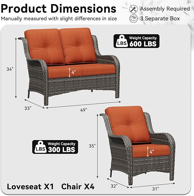 5 Piece Outdoor Wicker Patio Furniture Set, Patio Chairs Set with Thickened Olefin Cushions, High Back and Deep Seating, Hand-Woven PE Rattan for Porch, Deck