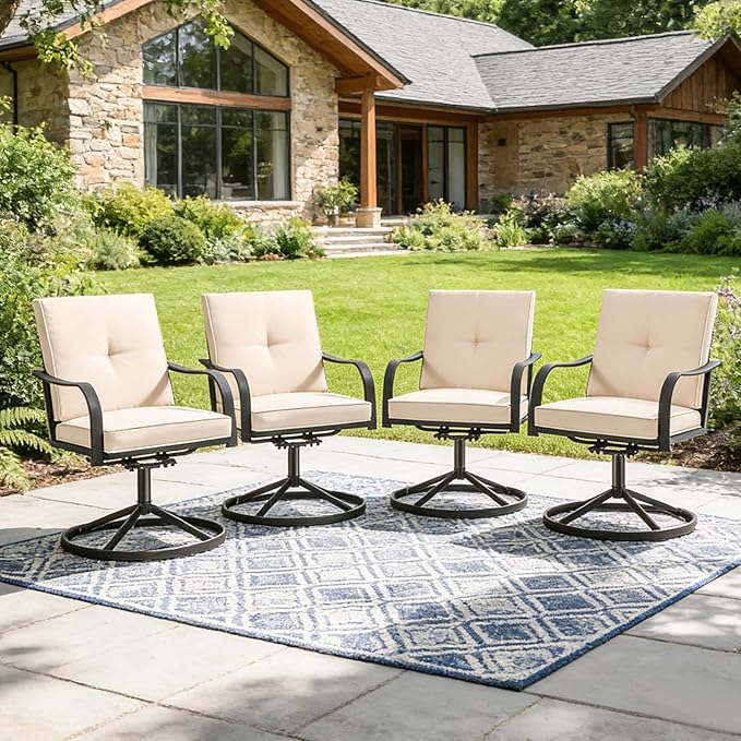 Patio Swivel Chairs Set of 4, Heavy Duty Outdoor Swivel Dining Chairs with Thickened Cushions, All Weather Metal Patio Chairs for Outside Garden Lawn Porch, Beige