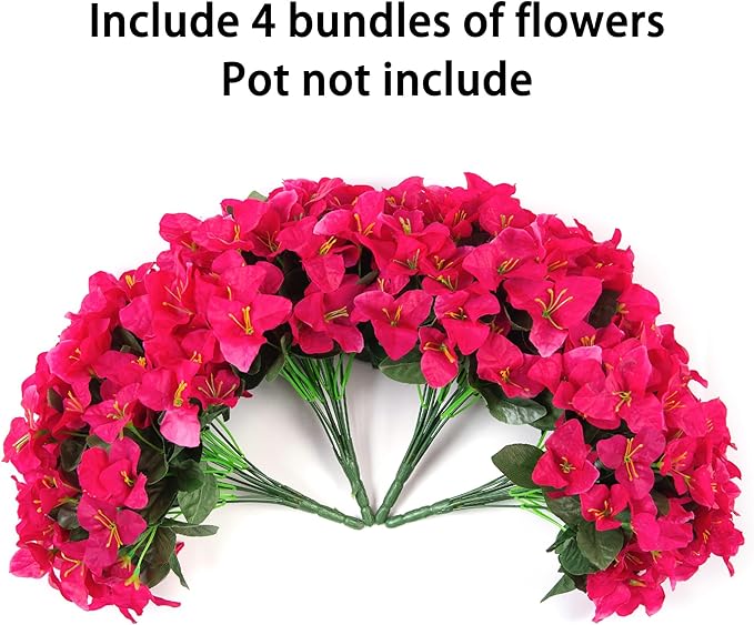 Ivydale Artificial Flowers for Outdoors Spring Summer Decor, 4 Bundles Fake Bougainvillea Silk Flowers for Outside Faux Outdoor Plants UV Resistant Realistic for Planter Patio Porch Balcony, Hotpink