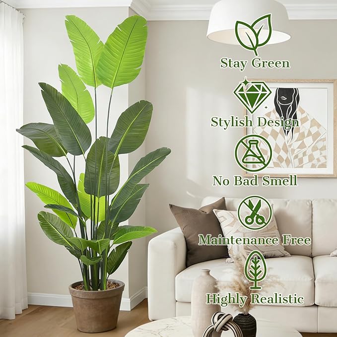 Bird of Paradise Plant Artificial 8FT - Tall Faux Plants Indoor with 24 Lifelike Leaves Trunks, 96" Large Fake Tropical Floor Plant for Home Office Living Room Bedroom Indoor Decor