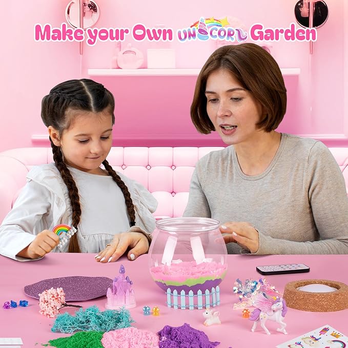 RONSTONE Uni-Corn Terrarium Kit Toys for Girls - Birthday for Girls Ages 4 5 6 7 8-12 Year Old - Light Up DIY Uni-Corn Arts and Crafts for Kids