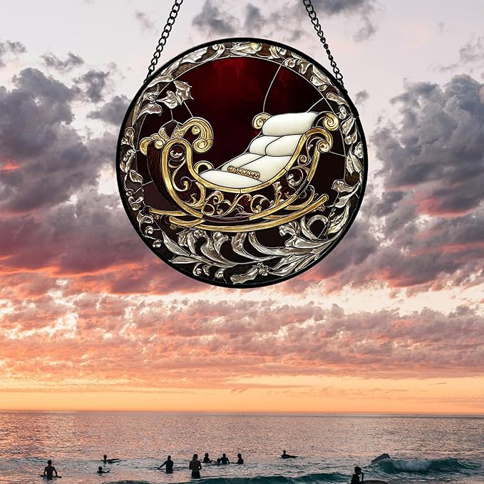 Stained Glass Window Hanging 4 Pcs Set Christmas Golden Bell Sleigh 9.8" - Suncatcher Door Garden Sun Catcher Decor Birthday Mother's Day Xmas Gifts for Mom Woman Nana Men Parents