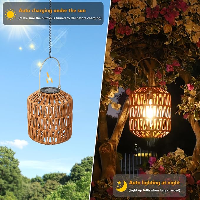 Rattan Solar Lights, 4 Pack Solar Lanterns Outdoor Waterproof, Outdoor Lights for Yard, Hanging Lantern with Handle, Decorative Lanterns for Garden, Tabletop, Tree Lighting (Bulbs Included)