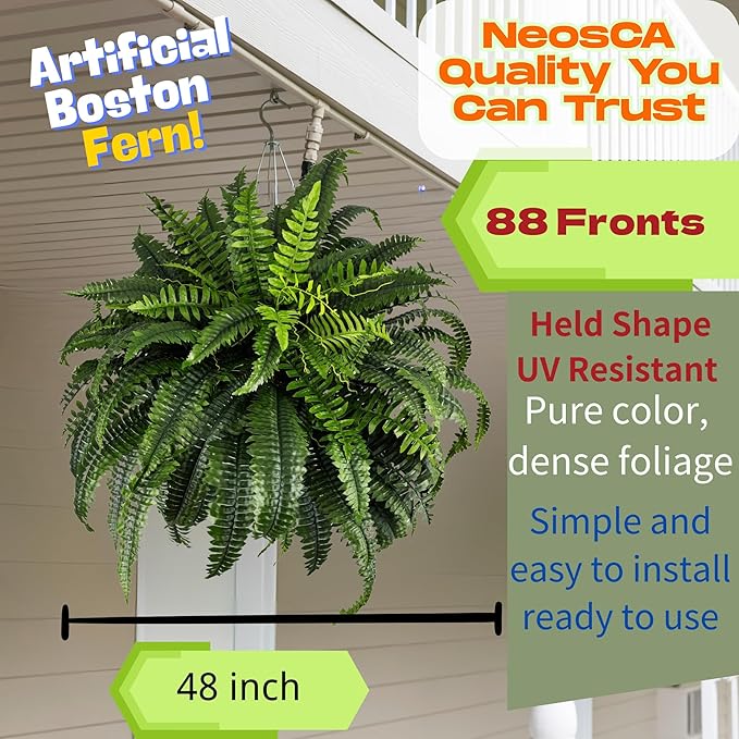 NeosCA Giant Artificial Boston Ferns for Outdoors Large UV Resistant Lifelike Faux Fern, Realistic Silk Greenery Plants Large for Patio, Office, Home Decor, 88 Branches, 48 in Fake Fern Natural Green