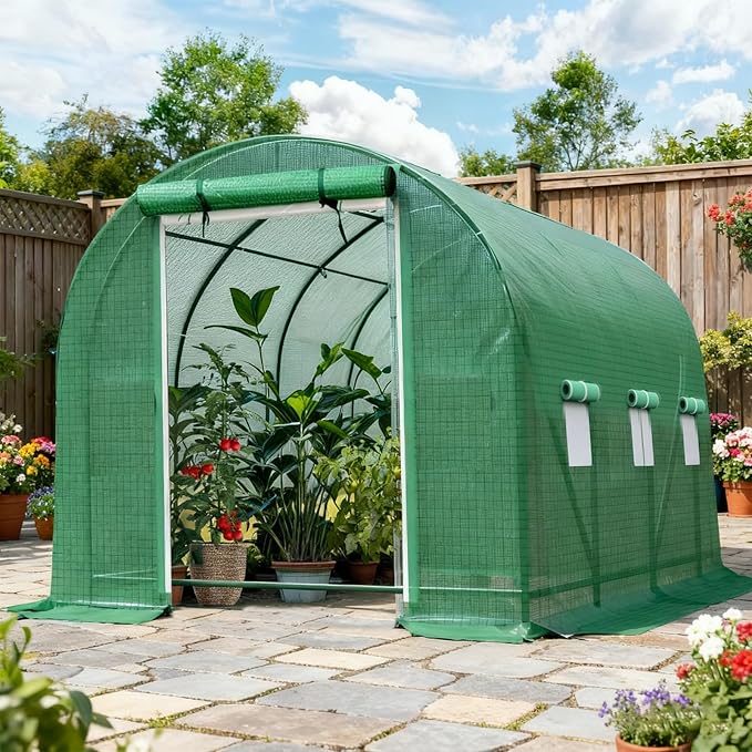 Walk-in Tunnel Greenhouse，Portable Plant Hot Housewith Dual Zippered Screen Doors & 6 Screen Windows Heavy Duty Plastic Plant Warm House with Reinforced Frame (12x7x7 FT)