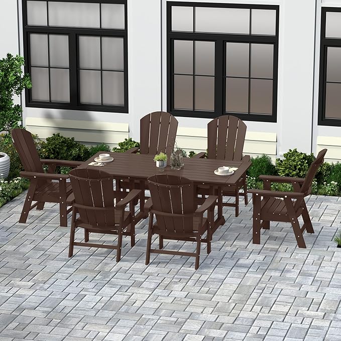 WestinTrends Malibu 7 Piece Adirondack Outdoor Dining Set, All Weather Poly Lumber Patio Table and Chairs Furniture Set, 71" Trestle Dining Table and 6 Adirondack Dining Chair, Dark Brown