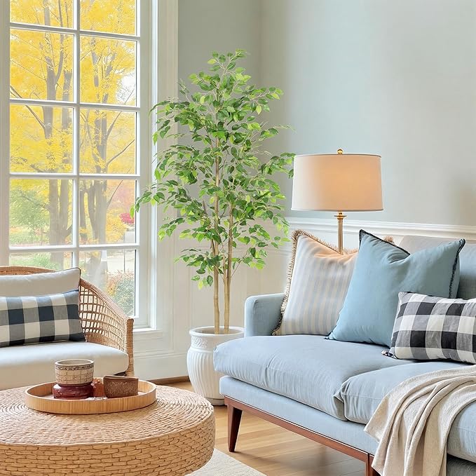 Tall UV Resistant Ficus Tree Artificial，5ft(60in) Faux Ficus Tree with Realistic Smooth and Shiny Leaves， Fake Trees Indoor Outdoor for Home Office Living Room Bedroom Foyer Porch Decor.
