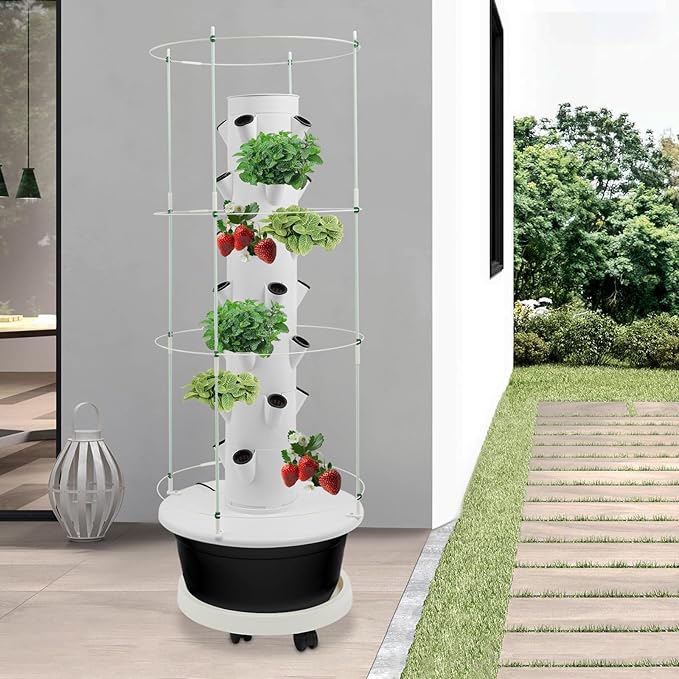 Hydroponic Growing System, 28-Plant Vegetable Planter Tower Climbing Trellis, Outdoor Indoor Garden Vertical Planter Germination Kit with Water Pump, Intelligent Water Circulation & Timer Function