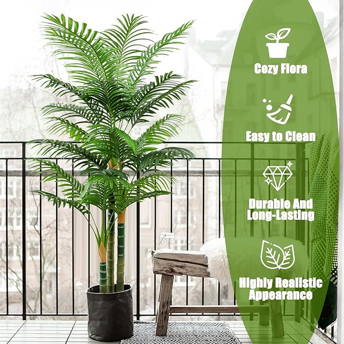 6ft Tall Golden Cane Artificial Tree Palm Outdoor, Large Artificial Plants Outdoor Faux Palm Tree with 3 Textured Trunks, Fake Tree for Indoor Outdoor Office Living Room Outside Patio