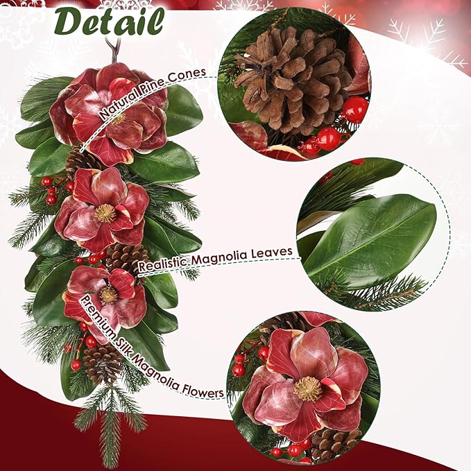 Briful 28.7 Inch Christmas Magnolia Flower Teardrop Swag – Red Magnolia Door Swag with Pine Cones Berries Artificial Christmas Hanging Teardrop for Xmas Home Holiday Front Door Outdoor Porch Decor