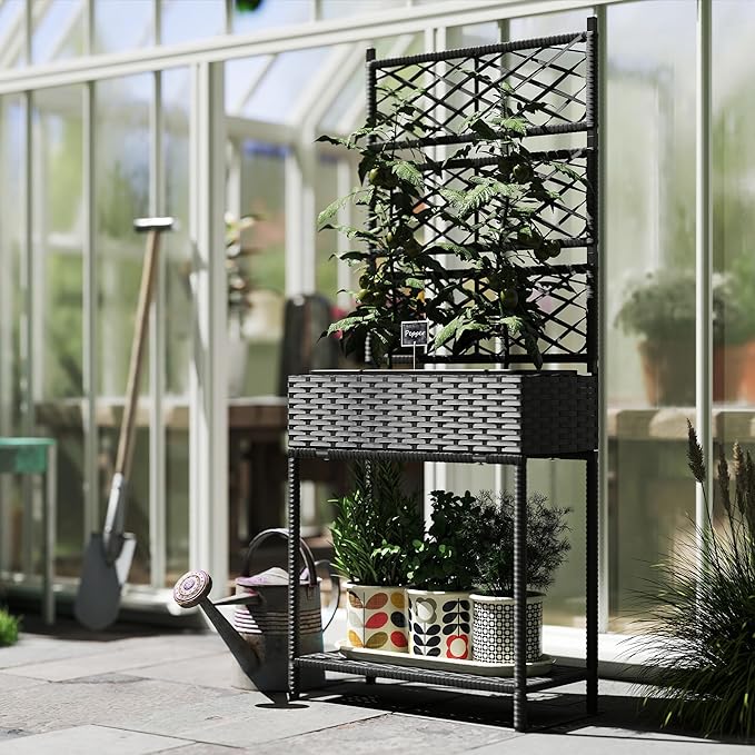 Outsunny Raised Garden Bed with Trellis, Outdoor Wicker Planter, Freestanding Rattan Planter Stand with Storage Shelf for Climbing Plants, Flowers, Herbs, Vegetables, Black