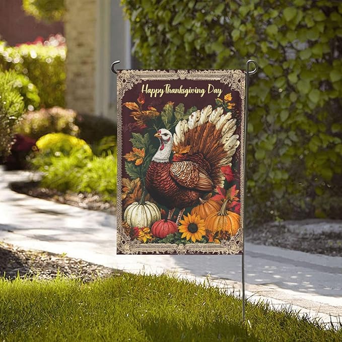 Thanksgiving Day Garden Flag 12x18 Inch Double Sided All-Weather Polyester Outdoor Flag For Patio Lawn Yard And Garden Welcome Decor