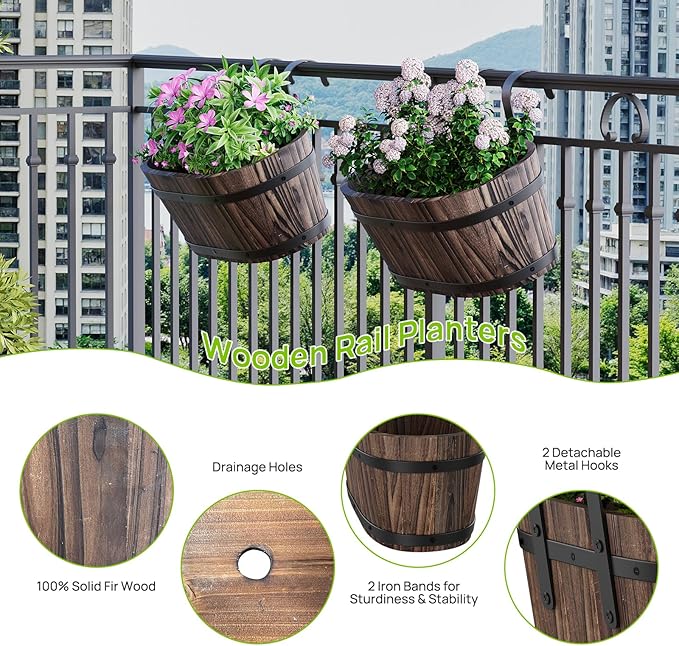 Wooden Hanging Planter for Railing Fence Outdoor Planter Railing Planter Boxes for Plants Wall Planters Window Flower Box Hanging Bucket Pots Countryside Plant Holder (Carbonized,2pcs,Large)