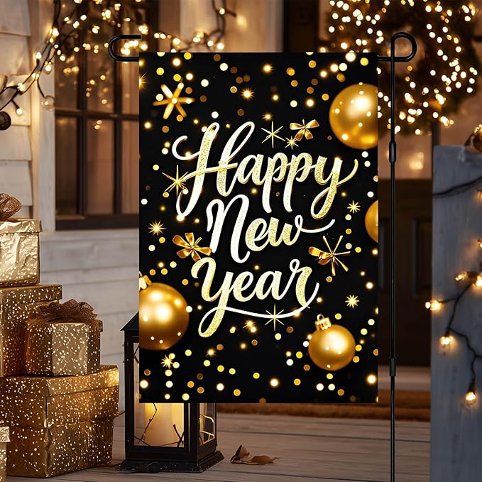 Happy New Year Garden Flag 12x18 Inch Gold Glitter Winter Holiday Yard Decor Seasonal Welcome Banner Outdoor Christmas Lawn Sign Double Sided Polyester For Girls or boys gifts