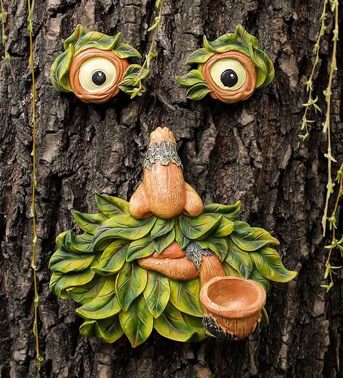 Flytime Tree Face Garden Decor with Bird Feeder - 12 Inch Whimsical Outdoor Statue, Weather Resistant Resin Tree Hugger Art for Yard & Garden