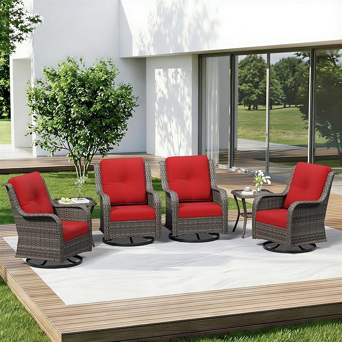 6 Piece Outdoor Wicker Patio Furniture Set, Outdoor Swivel Rocker Patio Chairs Set with Thickened Olefin Cushions, High Back and Deep Seating, Hand-Woven PE Rattan for Porch, Deck