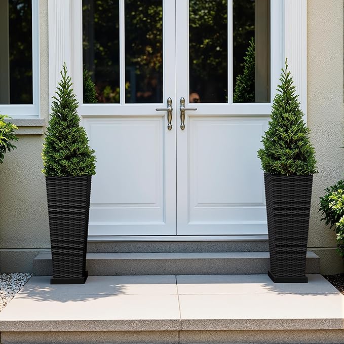 Flamaker Set of 2 Resin Rattan Planters with Tray for Indoor Outdoor, 24'' Tall Flower Pots with Drainage Holes&Inner Pot, Tapered Planters for Garden, Patio, Porch (Black, Small)