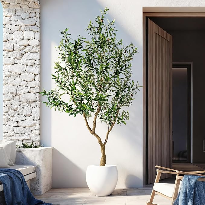 Erimda 7FT Faux Olive Tree with Tall Exquisite Planter Artificial Olive Tree Tall, Potted Fake Olive Plant with 1710 Real Touch Leaves, Indoor Outdoor Home Garden Office Decor