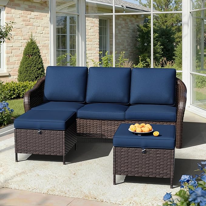 Patio Sectional Sofa Set | 78" 3-Seat Couch with 2 Ottomans, Outdoor Conversation Furniture Set, Outside Wicker Furniture with Washable Cushions (Navy Blue)