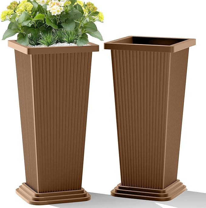 TUYOHW Set of 2 Tall Planters, 24" Large Indoor Outdoor Flower Pots with Tray, Modern Tapered Planters for Porch, Patio, Garden, Backyard